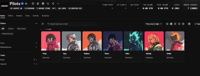 A screenshot of the Pilots NFT marketplace on the Blast network, displaying seven NFT character cards: Yibo, Ryo, Ruikou, Shan, Yulu, Kandy, and Onibi, all marked 'Not listed', with an Ethereum floor price and various stats shown at the top.