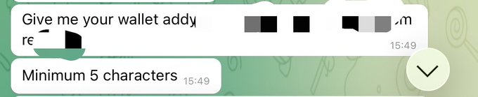 A WhatsApp screenshot shows a user asking "Give me your wallet addy" followed by "Minimum 5 characters," suggesting a failed entry attempt to share a crypto wallet address. The post "deal sealed making money is my hobby" implies a successful transaction negotiation was completed via the chat.