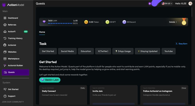 A dashboard screenshot for a platform called 'ActionModel' showing the 'Quests' page with tasks to earn LAM tokens, including a 'Get Started' section.