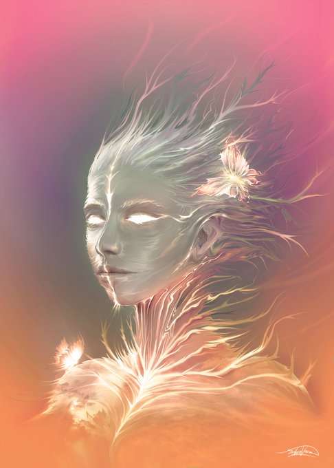 An ethereal, otherworldly figure with luminous white eyes and flowing, root-like tendrils emerges amid soft pink and orange hues, adorned with delicate blossoms blooming from her form. Titled "The Purifying Visitors," the artwork captures a serene, nature-infused being, aligning with the post's reference to a surreal, botanical entity being collected as an NFT for 1.5 ETH.