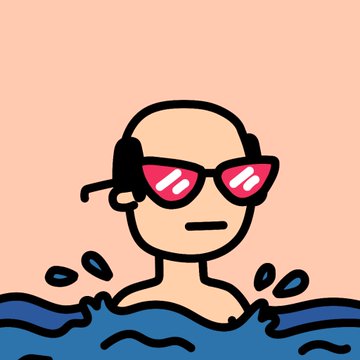 A cartoon illustration of a bald figure wearing red sunglasses, partially submerged in blue water with water splashing around them against a beige background.