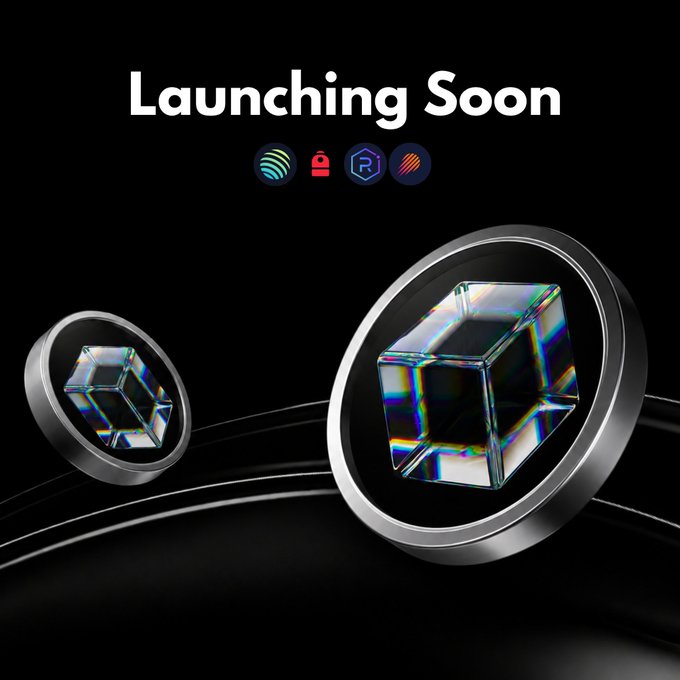 'Launching Soon' promotional graphic with four tech/security logos at the top and two metallic circular objects containing reflective cubes displayed on a curved surface against a black background.