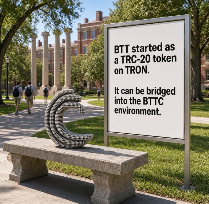 An outdoor scene shows a stone bench and a metal sculpture on a college campus, with a sign reading 'BTT started as a TRC-20 token on TRON. It can be bridged into the BTTC environment.'