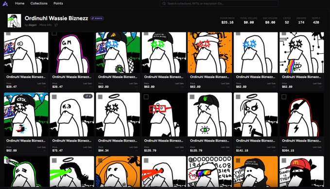 A screenshot of a digital marketplace displaying a collection titled "Ordinuh! Wassie Biznezz" with 25 points, 0 volume, and 52 listed items, showing cartoon bird avatars with various accessories and floor prices ranging from $25.16 to $204.15.