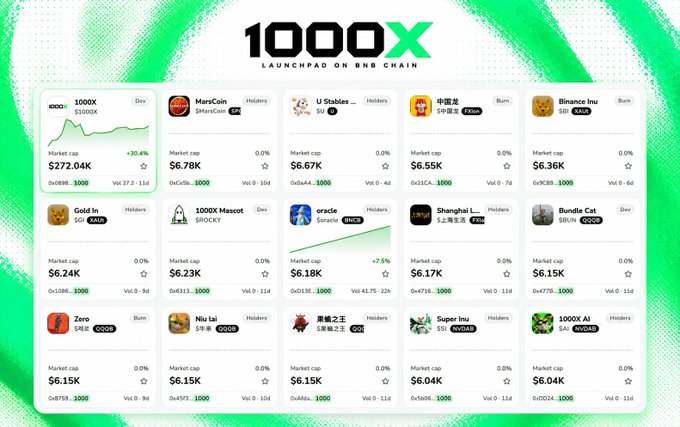 A screenshot of the 1000X Launchpad on BNB Chain dashboard, displaying 15 token listings (including 1000X, MarsCoin, UStables, 中隐龙, Binance Inu, Gold In, 1000X Mascot, oracle, Shanghai I..., Bundle Cat, Zero, Niu Lai, 黑桃之王, Super Inu, and 1000X AI) with market caps ranging from $6.04K to $272.04K, illustrating the active monitoring and UI iteration mentioned in the post about refining the platform.