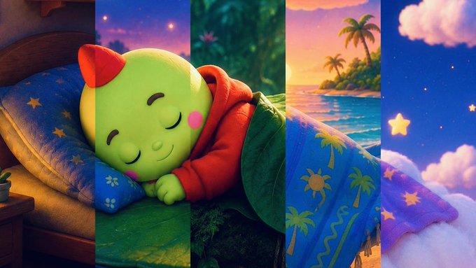Dreamy 3D illustration of a cute green character in a red hood sleeping on a pillow, shown in a multi-panel split with various dreamy backgrounds.