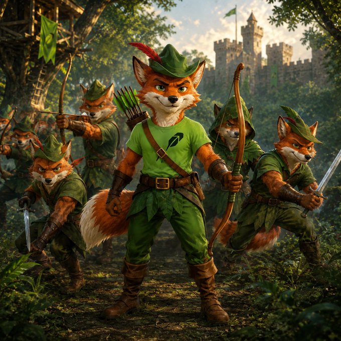 An anthropomorphic fox dressed as Robin Hood, with a feather in his cap and a quiver of arrows, stands with his Merry Men in a forest setting with a castle in the background. The image promotes the #RobinHoodArmy and its mascot, the fox, representing meme coins on the RobinHood Chain with the address 0x45C83b37C5BAF4dad26f3845e2DE010962.