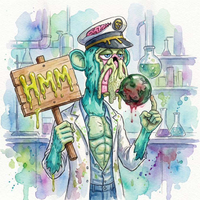 A watercolor-style illustration of a zombie-like scientist in a lab coat and captain's hat, holding a wooden sign dripping with slime that reads "HMM" and a flask of green liquid.
