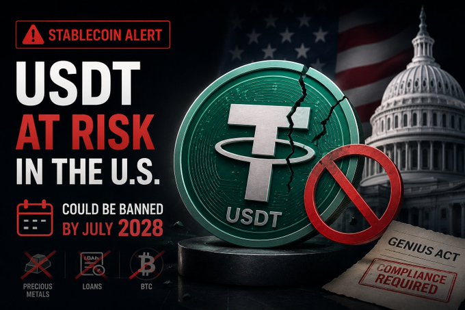 A 'Stablecoin Alert' graphic warning 'USDT AT RISK IN THE U.S.' and could be banned by July 2028, referencing the GENIUS Act compliance requirements, with icons for precious metals, loans, and BTC.