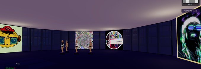 A screenshot of a 3D virtual gallery room with curved walls displaying various digital artworks, including pixel art and portrait pieces, with avatar figures standing in the center.