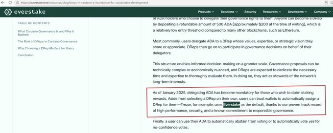 Evestake article about Cardano governance with a red box highlighting text about ADA delegation becoming mandatory as of January 2025 for staking rewards.