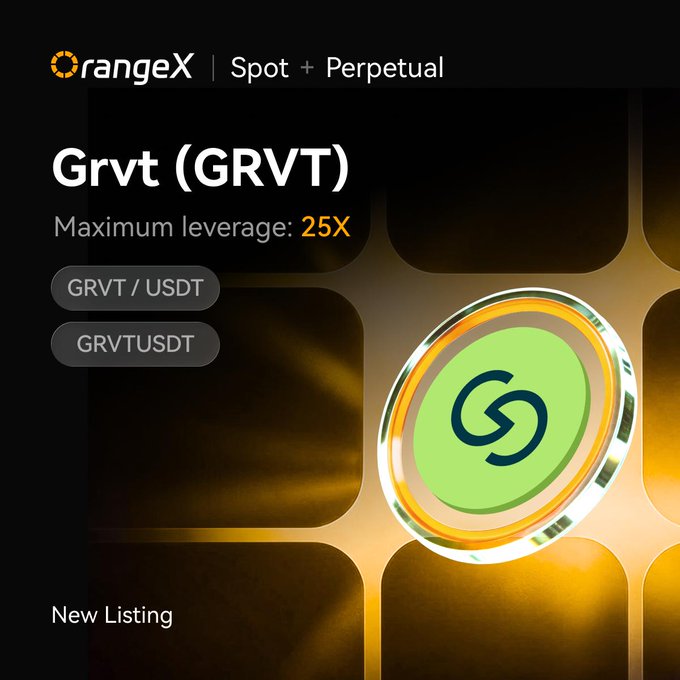 OrangeX promotional graphic announcing the new listing of Grvt (GRVT) with a maximum leverage of 25X on its Spot and Perpetual platform, featuring the GRVT/USDT and GRVTUSDT trading pairs on a dark background with a glowing gold and green token emblem.