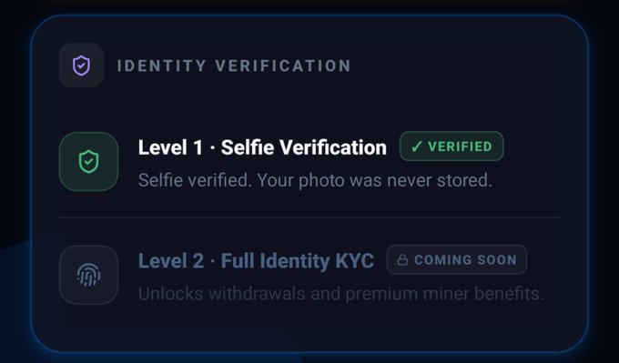 Identity verification screen showing 'Level 1 · Selfie Verification' marked as Verified, and 'Level 2 · Full Identity KYC' marked as Coming Soon.