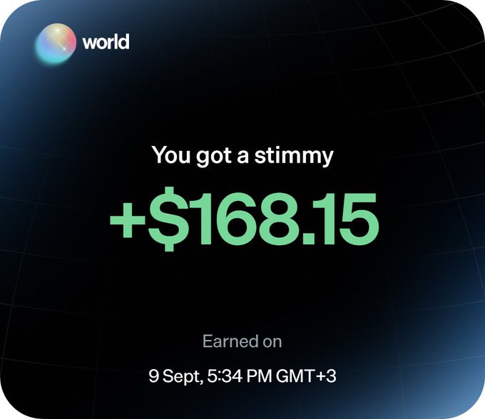 A Worldcoin app screenshot showing a reward notification 'You got a stimmy +$168.15' earned on 9 Sept, 5:34 PM GMT+3.