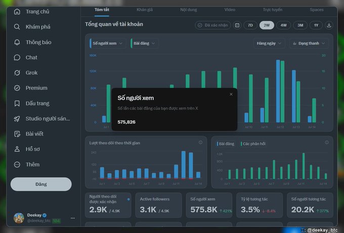 A X (Twitter) account analytics dashboard in Vietnamese showing profile overview with bar charts and metrics including 2.9K posts, 3.1K active followers, 575.8K profile views, 3.5% engagement rate, and 20.2K mentions.