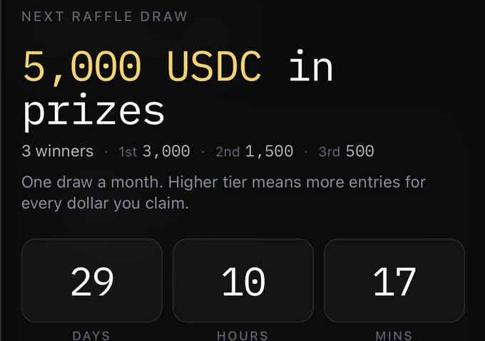 A raffle promotion graphic displaying 'NEXT RAFFLE DRAW' with '5,000 USDC in prizes' for 3 winners (1st 3,000, 2nd 1,500, 3rd 500), with a countdown timer showing 29 days, 10 hours, and 17 minutes.