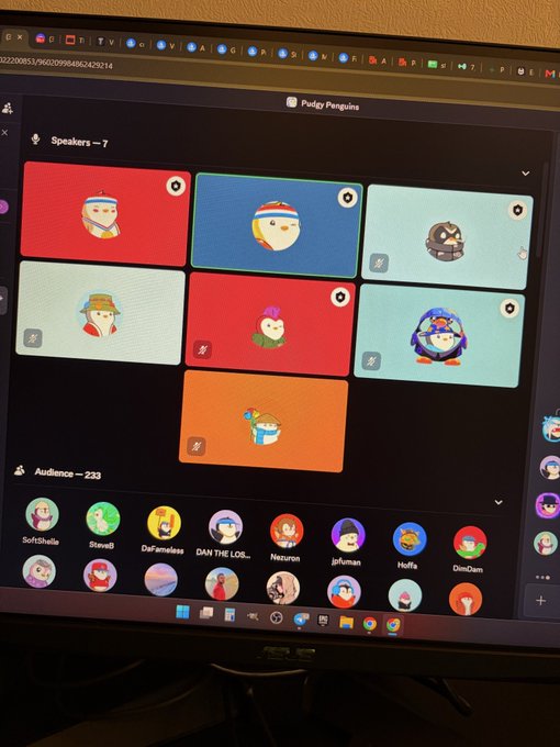 A computer screen showing a 'Pudgy Penguins' virtual event on Twitter Spaces with 7 speakers (penguin avatars) and 233 audience members.