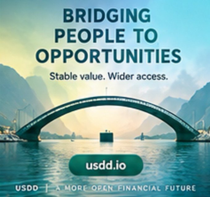 A promotional image for USDD displaying the text 'BRIDGING PEOPLE TO OPPORTUNITIES' and 'Stable value. Wider access.' overlaid on a scene of a bridge over water.