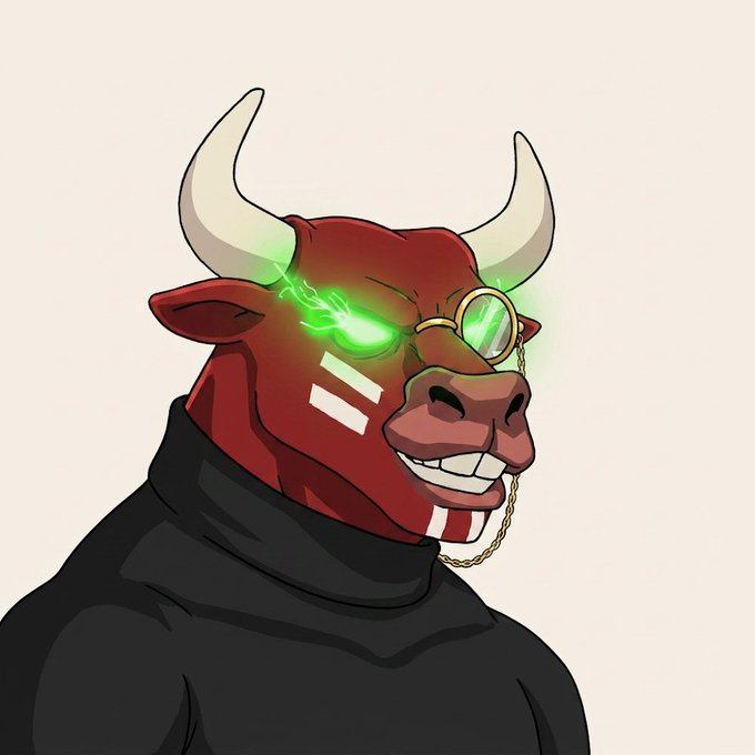 A digital illustration of an anthropomorphic red bull character with glowing green eyes, wearing a monocle, a gold chain, and a black turtleneck.