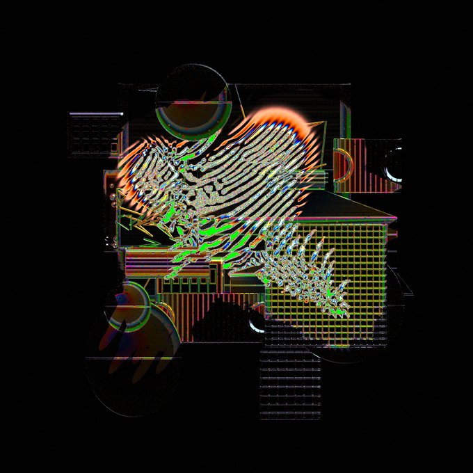 An abstract, glitch-style digital artwork featuring a distorted eagle with orange, white, and green colors layered over geometric shapes and grid patterns.