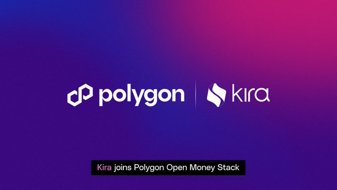 The image displays a partnership announcement featuring the Polygon and Kira logos side by side on a purple-pink gradient background, with the caption "Kira joins Polygon Open Money Stack." This visually represents the integration described in the post, where Kira's U.S. banking and stablecoin product—featuring AI agents for compliance and payment tasks—will now expand Polygon's stablecoin offerings within its Open Money Stack.