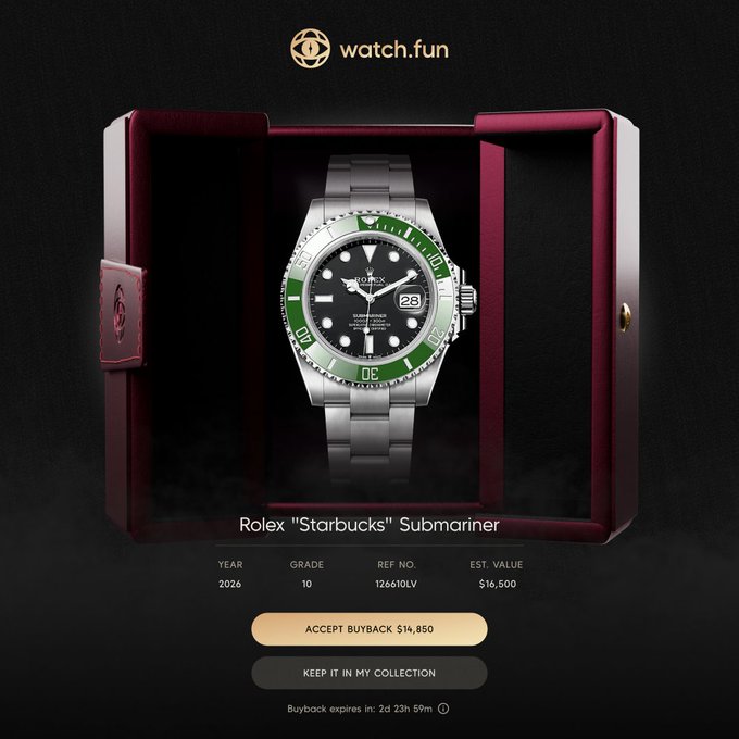A watch.fun advertisement displays a Rolex Submariner with a green bezel nicknamed "Starbucks" in a red presentation box, showing year 2026, grade 10, and an estimated value of $16,500.