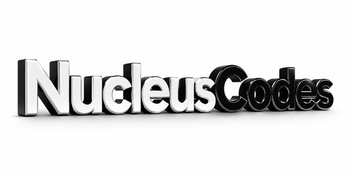 A 3D metallic logo reading 'NucleusCodes' in chrome lettering on a white background.