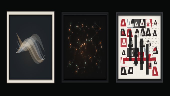 A triptych of three framed abstract artworks: a flowing ribbon-like design on the left, a constellation of glowing dots connected by lines in the center, and a bold geometric composition with red, black, and white shapes on the right.