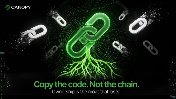 A Canopy promotional graphic featuring glowing green chain links with roots, with the text 'Copy the code. Not the chain. Ownership is the moat that lasts.'