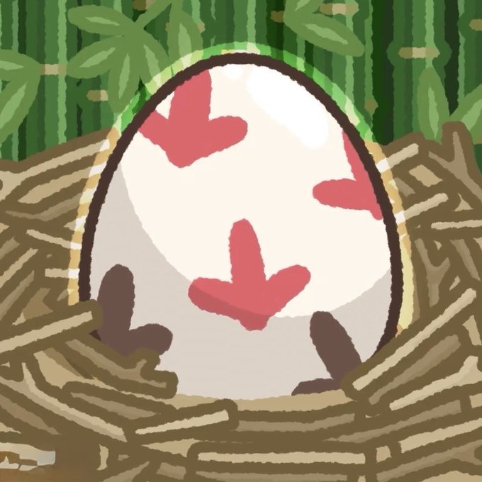 A digital illustration of a white egg with red heart-shaped patterns sitting in a nest made of straw against a bamboo background.