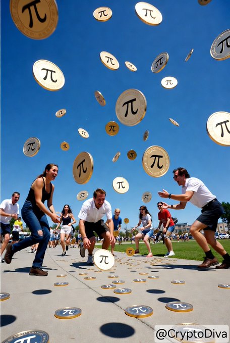 A chaotic scene showing people running and grabbing at numerous large coins featuring the pi (π) symbol scattered across a grassy area under a blue sky, watermarked '@CryptoDiva'.