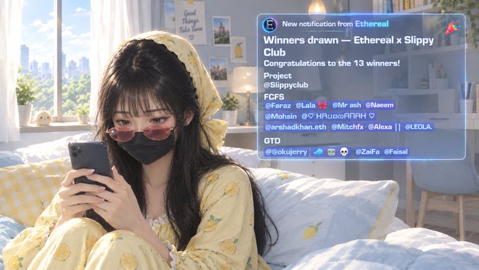 A notification overlay titled 'Ethereal: Winners drawn — Ethereal x Slippy Club' congratulating 13 winners, displayed over an anime-style illustration of a girl in a yellow lemon-printing dress.
