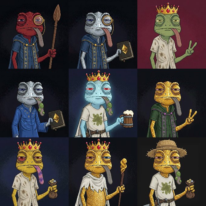A 3x3 grid of nine cartoon frog characters, each with a long tongue, wearing various outfits and accessories like crowns, robes, and hats, set against dark backgrounds.