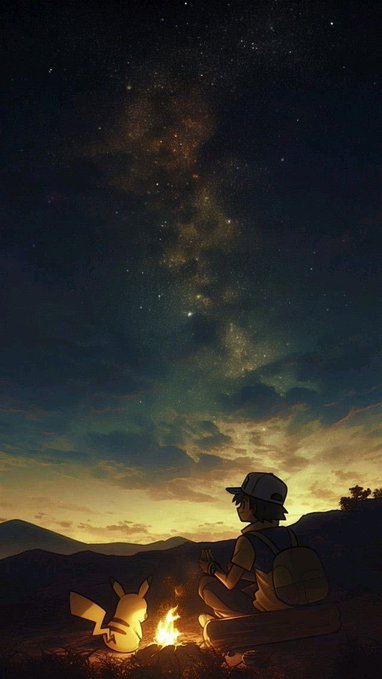 A silhouetted traveler and Pikachu sit by a campfire under a stunning starry sky, watching the Milky Way stretch across the horizon. The image evokes a sense of adventure and exploration, paralleling the post's message about @useTria's BestPath AI navigating efficient routes across networks—much like a traveler finding the best path through vast, unfamiliar terrain.