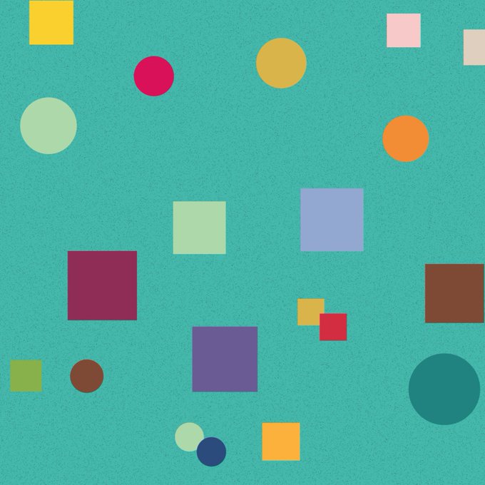 Abstract graphic featuring various colorful geometric shapes including squares and circles in red, yellow, blue, green, purple, and orange scattered across a textured turquoise background.