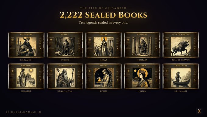 A promotional image for "The Epic of Gilgamesh" displaying "2,222 Sealed Books" with ten legends including Gilgamesh, Enkidu, and Ishtar featured on ornate cards.