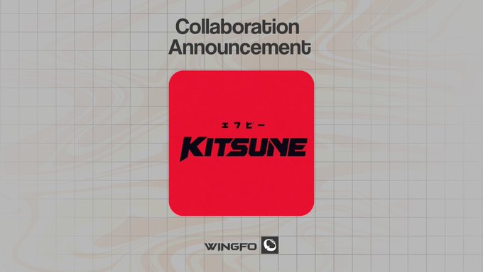 A 'Collaboration Announcement' graphic featuring a red rounded square with the 'KITSUNE' (キツネ) logo, displayed above the 'WINGFO' brand name on a light marbled background.