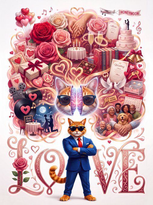 A vibrant collage celebrating love with the word "LOVE" at the bottom, featuring roses, hearts, wedding imagery, a cat in sunglasses, and a ginger cat wearing a blue suit.