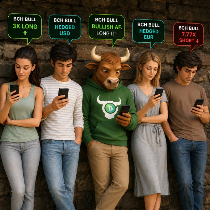 Five figures lean against a brick wall, each looking at a smartphone; four are people, and the central figure is a bull wearing a green hoodie with a Bitcoin logo, all featuring text bubbles declaring 'BCH BULL' with various market sentiments.