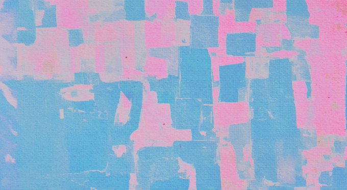An abstract textured painting with blocks and patches of pastel pink, blue, and white colors.