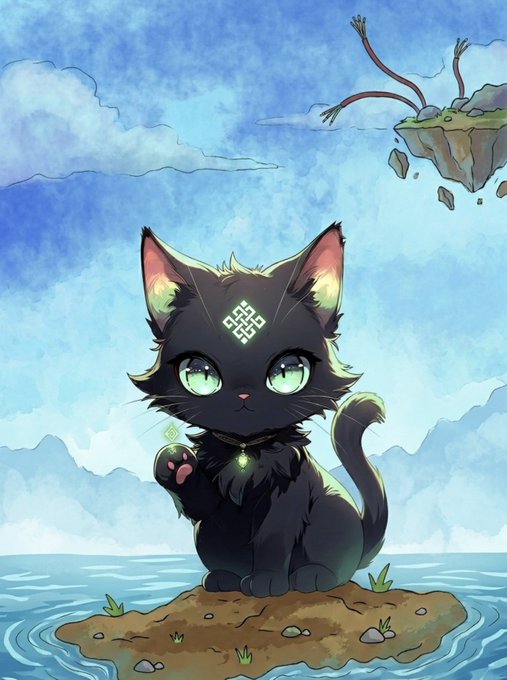 The image features a black cat sitting on an island surrounded by water, with mountains visible in the background. The cat appears to be looking directly at the camera, giving off a sense of curiosity or interest. The caption above the image reads "One thing that stands out about @ritualnet is how seriously they approach computation." This suggests that the creators of the website are focused on efficiency and performance when it comes to handling heavy AI workloads.