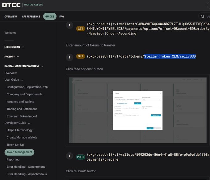 The image shows a DTCC Digital Assets API documentation page focused on Token Management guides, displaying REST API calls for wallet payments and Stellar token (XLM) price retrieval, with a Transfer interface dialog visible. This relates to the post by illustrating DTCC's technical infrastructure that supports digital asset tokens like XLM, which the post highlights as a key liquidity token alongside XRP.