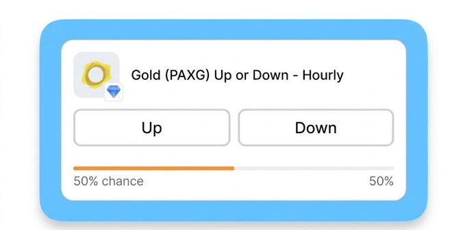 A trading interface widget for Gold (PAXG) Up or Down - Hourly showing 50% chance for both Up and Down.