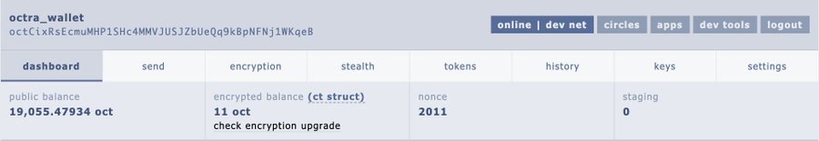 This is a screenshot of the Octa wallet interface on the "dev net," displaying a public balance of 19,055.47934 oct and an encrypted balance of 11 oct. The image visually represents the "octra_wallet" mentioned in the post, likely showing the state of the cryptography upgrade.