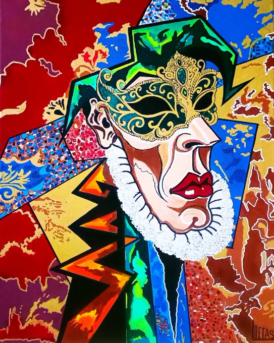 A vibrant, colorful pop-art style painting of a figure wearing an ornate green and gold Venetian mask with red lips and a white ruff collar, signed 'ULTA S' in the corner.