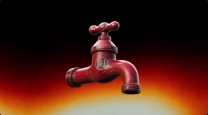 A red, worn-looking 3D model of a water faucet with a small 'J' logo on its side floats against a gradient orange and black background.