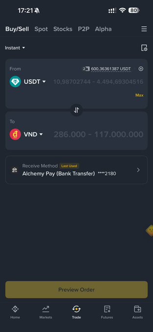 A cryptocurrency trading app screenshot showing a USDT to VND exchange via Alchemy Pay bank transfer, with an available balance of 600.36 USDT and exchange range of 286.000–117.000.000 VND.