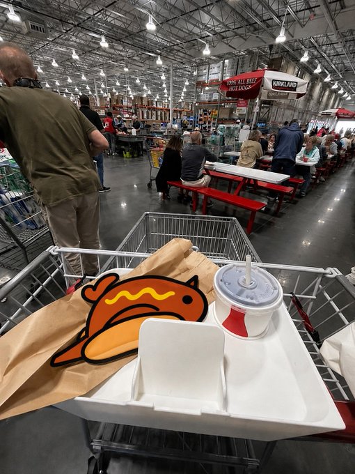 A first-person view from a Costco shopping cart shows a hot dog with mustard in a paper bag and a soda in a styrofoam cup, with shoppers and a '100% ALL BEEF HOT DOGS' sign visible at the food court in the background.
