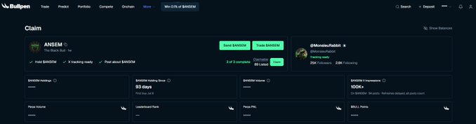 A screenshot from the Bullpen platform showing a claim page for the '$ANSEM' token with status '3 of 3 complete' and bonding curve metrics.