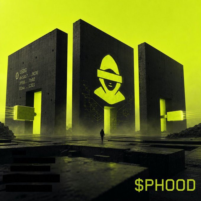 A neon-yellow stylized digital artwork featuring three monolithic pillars with a hooded figure logo between them, floating cargo containers, and the text '$PHOOD' in the bottom right corner.